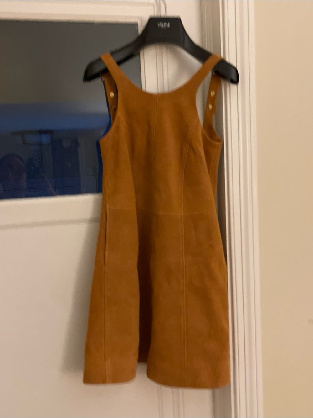 Celine Tan Suede Mini Dress with Button-Strap Details